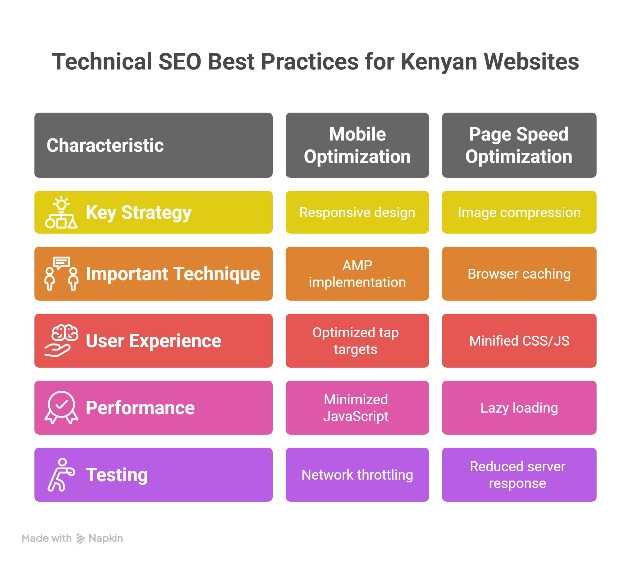 Technical SEO best practices for Kenyan websites comparing mobile optimization techniques like responsive design, AMP implementation, and optimized tap targets against page speed optimization techniques like image compression, browser caching, and lazy loading